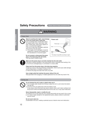 Page 1212
Safety PrecautionsPlease observe these precautions fully
WARNING 
Power Cord
Never do anything that might  cause damage 
to the cord, power plug or body plug, 
such as damage them, modify them, place 
hot objects near to them, bend them, twist 
them, stretch them, place heavy objects on 
them, or bundle them together. 
If the unit is used when damaged, electrical 
short circuit or fire may result. 
●  If the supply cord is damaged, it must be  
  replaced by a special cord available from  
  the...