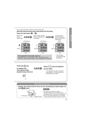Page 1717
er
er)
How to Use
Pour in water with another container. Close the lid securely.
Securely plug the body plug horizontally into the body.
Plug into wall outlet. ( 
→ )
When the unit is not in use 
Water starts
boiling
automatically.After the water has been
boiled, the following will
be indicated.The boiled water
will be kept warm at
approx. 190ºF (90ºC)
automatically.
LED Flashing LED Flashing LED Lit
LED LED LED LED Lit LED Off LED Off
Time required to boil water (approx.)NC-EH40P: 35 min. /...