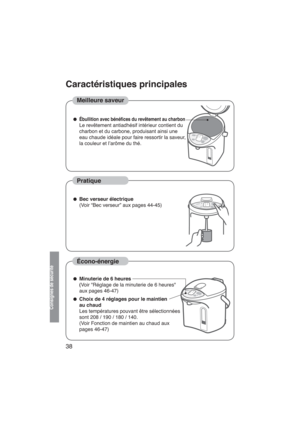 Page 3838
Caractéristiques principales
Consignes de sécurité
● Ébullition avec bénéﬁces du revêtement au charbon
 Le revêtement antiadhésif intérieur contient du  
  charbon et du carbone, produisant ainsi une 
  eau chaude idéale pour faire ressortir la saveur, 
  la couleur et l’arôme du thé.
Meilleure saveur
● Bec verseur électrique
 (Voir “Bec verseur” aux pages 44-45)
Pratique
Écono-énergie
● Minuterie de 6 heures
 (Voir "Réglage de la minuterie de 6 heures" 
  aux pages 46-47)
● Choix de 4...