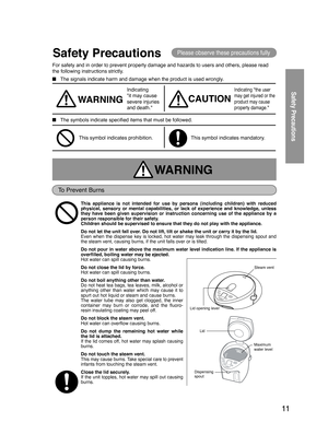 Page 1111
Safety PrecautionsPlease observe these precautions fully
For safety and in order to prevent property damage and hazards to users and others, please read 
the following instructions strictly. 
■  The signals indicate harm and damage when the product is used wrongly . 
  WARNING       
 
■ The symbols indicate specified items that must be followed. 
 
Indicating  
"it may cause 
severe injuries 
and death." 
CAUTION 
Indicating "the user 
may get injured or the 
product may cause 
property...