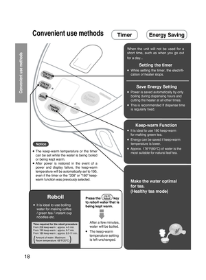 Page 1818
Convenient use methods
● The  keep-warm  temperature  or  the  timer can be set while the water is being boiled 
or being kept warm.
● After  power  is  restored  in  the  event  of  a  power  and  display  failure,  the  keep-warm 
temperature will be automatically set to 190, 
even if the timer or the "208" or "180" keep-
warm function was previously selected.
Notice
Convenient use methods
Keep-warm Function
● It is ideal to use 180 keep-warm  for making green tea.
● Energy can be...