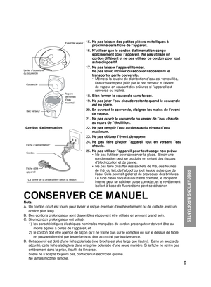 Page 99
Levier d’ouverture 
du couvercle Évent de vapeur 
Couvercle 
Repère 
de niveau 
d’eau 
maximal 
Bec verseur 
Fiche d’alimentation* 
Cordon 
Fiche côté 
appareil 
Cordon d’alimentation 
*La forme de la prise diffère selon la région 
PRÉCAUTIONS IMPORTANTES
15.  Ne pas laisser des petites pièces métalliques à proximité de la ﬁ che de l’appareil.
16.  N’utiliser que le cordon d’alimentation conçu  spécialement pour l’appareil.  Ne pas utiliser un 
cordon différent et ne pas utiliser ce cordon pour tout...