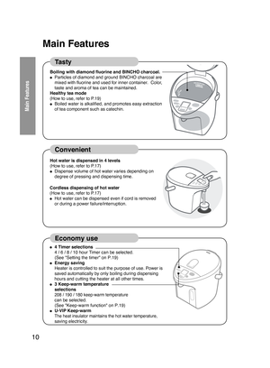 Page 1010
 
Main Features
Main Features
Tasty
Convenient
Economy use
Boiling with diamond fluorine and BINCHO charcoal. ● Particles of diamond and ground BINCHO charcoal are 
mixed with fluorine and used for inner container.  Color, 
taste and aroma of tea can be maintained. 
Healthy tea mode 
(How to use, refer to P
 .19) 
● Boiled water is alkalified, and promotes easy extraction 
of tea component such as catechin. 
Hot water is dispensed in 4 levels 
(How to use, refer to P
 .17) 
● Dispense volume of hot...
