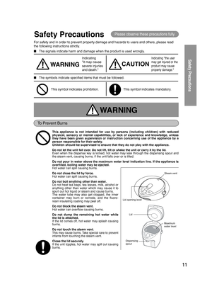 Page 11
11

Safety PrecautionsPlease observe these precautions fully
For safety and in order to prevent property damage and hazards to users and others, please read 
the following instructions strictly. 
■  The signals indicate harm and damage when the product is used wrongly . 
  WARNING      
 
■ The symbols indicate specified items that must be followed. 
 
Indicating  "it may cause severe injuries and death." 
CAUTION 
Indicating "the user may get injured or the product may cause property...