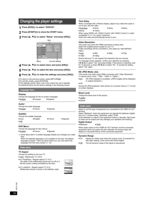 Page 1616
RQTX1326
Getting Started
Playing Discs
Other Operations
Reference
  
≥ To return to the previous screen, press [RETURN] D.
≥ To exit the screen, press [START] B.
≥ The settings remain intact, even if you switch the unit to standby.
≥ Underlined items are the factory settings in the following menus.
§ Some discs start in a certain language despite any changes you make 
here.
When the selected language is not available on the disc, the default 
language is played. There are discs where you can only...