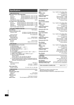 Page 2222
RQTX1326
Getting Started Playing Discs Other Operations Reference
  
	1 Specifications are subject to change without notice.
Mass and dimensions are approximate.
2 Total harmonic distortion is measured by a digital spectrum analyzer.
Specifications
AMPLIFIER SECTION
RMS Output Power: Dolby Digital Mode
Front Ch
Surround Ch
Center Ch
Subwoofer Ch55 W per channel (5≠), 1 kHz, 10 % THD
55 W per channel (5≠), 1 kHz, 10 % THD
55 W per channel (5≠), 1 kHz, 10 % THD
55 W per channel (5≠), 100 Hz, 10 % THD...