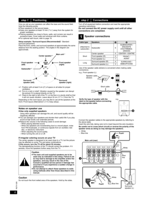 Page 66
RQTX1326
How you set up your speakers can affect the bass and the sound field.
Note the following points:
≥Place speakers on flat secure bases.
≥Keep your speakers at least 10 mm (
13/32q) away from the system for 
proper ventilation.
≥Placing speakers too close to floors, walls, and corners can result in 
excessive bass. Cover walls and windows with thick curtains.
≥For optional wall mount, refer to page 19.
Setup example (“Surround layout (Recommended)”: Standard 
surround placement)
Place the front,...