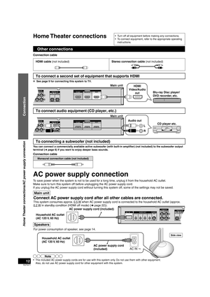 Page 12RQT9471
12
For power consumption of speaker, see page 14.
Other connections
AC power supply connection
Connection cable
HDMI cable (not included)Stereo connection cable (not included)
To connect a second set of equipment that supports HDMI
✽  See page 9 for connecting this system to TV.
Main unitHDMI
Video/Audio  out Blu-ray Disc player/
DVD recorder, etc.
To connect audio equipment (CD player, etc.)
Main unit
Audio out CD player etc.
L
R
To connecting a subwoofer (not included)
You can connect a...