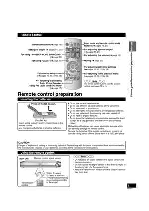 Page 7RQT9471
7
Remote control
Standby/on button (➜ page 16) Input mode and remote control code 
buttons (
➜ pages 16, 24)
For adjusting speaker output
(➜ pages 20, 21)
Test signal output (
➜ pages 14, 21)
For adjusting the volume (➜ page 16)
For using “WHISPER-MODE SURROUND” 
(➜  page 20)
Muting (➜ page 20)
For returning to the previous menu 
( ➜  pages 10, 15, 21 to 24)
For using “GAME” (
➜ page 20)
For entering setup mode 
( ➜  pages 10, 15, 21 to 24) For adjusting/activating settings 
(
➜  pages 10, 15, 21...