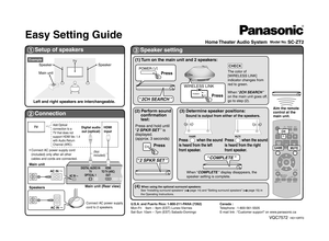 Page 13Speaker setting
2Connection
Easy Setting Guide
Home Theater Audio System  Model No. SC-ZT2
VQC7572  H0110RT0
U.S.A. and Puerto Rico: 1-800-211-PANA (7262)
Mon-Fri    9am – 9pm (EST) Lunes-Viernes
Sat-Sun  10am – 7pm (EST) Sabado-DomingoCanada : 
Telephone : 1-800-561-5505
E-mail link : “Customer support” on www.panasonic.ca
Speaker
TVExample
Left and right speakers are interchangeable.
Main unit
• Connect AC power supply cord 
(included) only after all other 
cables and cords are connected.
1Setup of...