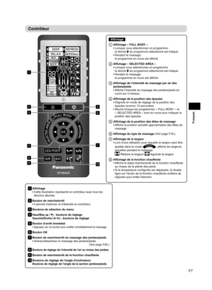 Page 33F7
Français
Contrôleur
1 Affichage
Cette illustration représente le contrôleur avec tous les 
• 
témoins allumés.
2 Bouton de marche/arrêt
Il permet d'allumer et d'éteindre le contrôleur. 
• 
3  Boutons de sélection du menu
4 Haut/Bas ( / ) - boutons de réglage 
Gauche/Droite (
 / ) - boutons de réglage
5  Bouton d'arrêt immédiat
Appuyez sur ce bouton pour arrêter immédiatement le massage.
• 
6  Bouton OK
7 Bouton de marche/arrêt du massage des jambes/pieds
Activez/désactivez le massage des...