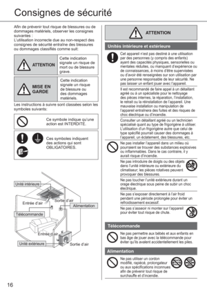 Page 1616
Consignes de sécurité
Aﬁ n de prévenir tout risque de blessures ou de 
dommages matériels, observer les consignes 
suivantes :
L’utilisation incorrecte due au non-respect des 
consignes de sécurité entraîne des blessures 
ou dommages classiﬁ és comme suit:
ATTENTION
Cette indication 
signale un risque de 
mort ou de blessure 
grave.
MISE EN 
GARDE
Cette indication 
signale un risque 
de blessure ou 
des dommages 
matériels.
Les instructions à suivre sont classées selon les 
symboles suivants:
Ce...