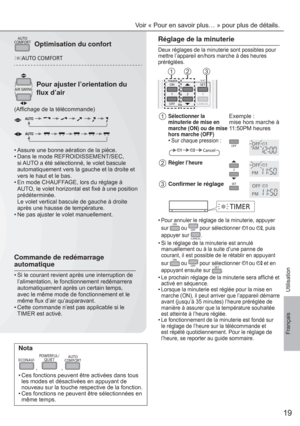Page 1919
Français
AUTO
COMFORTOptimisation du confort
AUTO COMFORT
AIR SWINGPour ajuster l’orientation du 
ﬂ ux d’air
(Afﬁ chage de la télécommande)
• Assure une bonne aération de la pièce.
• Dans le mode REFROIDISSEMENT/SEC, 
si AUTO a été sélectionné, le volet bascule 
automatiquement vers la gauche et la droite et 
vers le haut et le bas.
• En mode CHAUFFAGE, lors du réglage à 
AUTO, le volet horizontal est ﬁ xé à une position 
prédéterminée.
Le volet vertical bascule de gauche à droite 
après une hausse de...