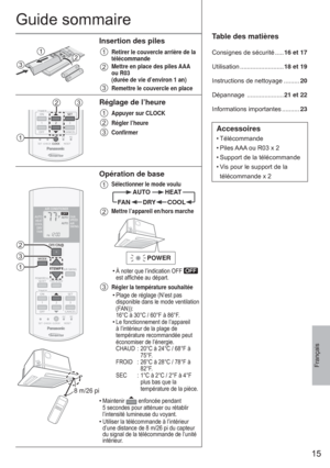 Page 1515
Français
Table des matières
Consignes de sécurité .....16 et 17
Utilisation .........................18 et 19
Instructions de nettoyage .........20
Dépannage  .....................21 et 22
Informations importantes ..........23
Accessoires
• Télécommande
• Piles AAA ou R03 x 2
• Support de la télécommande
• Vis pour le support de la 
télécommande x 2
Guide sommaire
123
Insertion des piles
1  Retirer le couvercle arrière de la 
télécommande
2  Mettre en place des piles AAA 
ou R03 
(durée de vie...