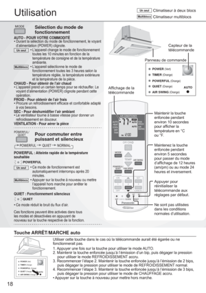 Page 1818
Utilisation
Touche ARRÊT/MARCHE auto
POWER (Vert)
TIMER (Orange)
POWERFUL (Orange)
QUIET (Orange)
AUTO
AIR SWING (Orange)
Utiliser cette touche dans le cas où la télécommande aurait été égarée ou ne 
fonctionnerait pas.
1. Appuyer une fois sur la touche pour utiliser le mode AUTO.  
2. Maintenir la touche enfoncée jusqu’à l’émission d’un bip, puis dégager la pression 
pour utiliser le mode REFROIDISSEMENT accru. 
3. Recommencer l’étape 2. Maintenir la touche enfoncée jusqu’à l’émission de 2 bips,...