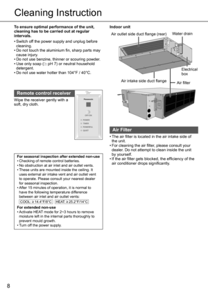 Page 88
Cleaning Instruction 
To ensure optimal performance of the unit, 
cleaning has to be carried out at regular 
intervals.
• Switch off the power supply and unplug before 
cleaning.
• Do not touch the aluminium ﬁ n, sharp parts may 
cause injury.
• Do not use benzine, thinner or scouring powder.
• Use only soap (
 pH 7) or neutral household 
detergent.
• Do not use water hotter than 104°F / 40°C.
Remote control receiver
Wipe the receiver gently with a 
soft, dry cloth.
For seasonal inspection after...