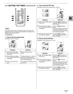 Page 1313
SETTING THE TIMER
In the descriptions below, the following settings are used for the 
temperature and time indicator selector button on the bottom front 
section of the remote controller.
• Temperature: °F
• Time: AM, PM
1.  How to set the present time
(Example) To set to 10:30 pm.
2.  How to set the OFF time
(Example) To stop the air conditioner at 11:00 am.
3. How to set the ON time
(Example) To start operation at 7:10 am.
Operation Indication
1.Press the CLOCK button 
once if the time indicator is...