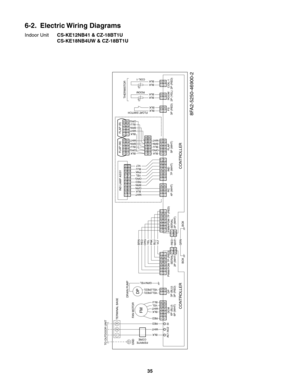 Page 356-2.  Electric Wiring Diagrams
Indoor Unit CS-KE12NB41 & CZ-18BT1U
  CS-KE18NB4UW & CZ-18BT1U
8FA2-5250-46900-2
123456
123456
FMDP
FAN MOTORDRAIN PUMP
DCM
6P (BLU)
6P (WHT)DP
3P (BLU)
3P (RED)PWM/POW 7P (RED) PWM/POW 7P (RED) RC
4P (WHT)IND
7P (WHT)FS
3P (RED) FLAP
5P (WHT)ROOM
2P (YEL)COIL-1
2P (RED) IND LAMP ASSYFLAP (W)
FLOAT SWITCH
BOX BOX SERIAL
2P (WHT)SERIAL
2P (WHT) TERMINAL BASE
CONTROLLER CONTROLLER
TO OUTDOOR UNIT
GNDFERRITE
COREAC1 AC2 SI1
RED
YELBLU
11YEL/(RED)33
112
1122
1122
23344556677...