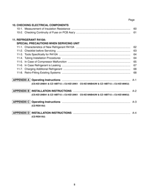 Page 510. CHECKING ELECTRICAL COMPONENTS
10-1.  Measurement of Insulation Resistance
10-2.  Checking Continuity of Fuse on PCB Ass'y
11. REFRIGERANT R410A: 
SPECIAL PRECAUTIONS WHEN SERVICING UNIT
11-1.  Characteristics of New Refrigerant R410A
11-2.  Checklist before Servicing
11-3.  Tools Specifically for R410A
11-4.  Tubing Installation Procedures
11-5.  In Case of Compressor Malfunction
11-6.  In Case Refrigerant is Leaking
11-7.  Charging Additional Refrigerant
11-8.  Retro-Fitting Existing Systems...