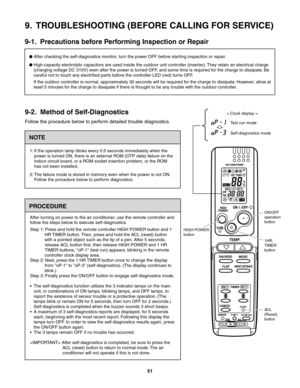 Page 51< Clock display >
Test run mode
Self-diagnostics mode
9.  TROUBLESHOOTING (BEFORE CALLING FOR SERVICE)
9-1.  Precautions before Performing Inspection or Repair
NOTE
After checking the self-diagnostics monitor, turn the power OFF before starting inspection or repair.
High-capacity electrolytic capacitors are used inside the outdoor unit controller (inverter). They retain an electrical charge 
(charging voltage DC 310V) even after the power is turned OFF, and some time is required for the charge to...