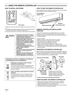 Page 98
USING THE REMOTE CONTROLLER
HOW TO INSTALL BATTERIES
1.Slide the cover in the direction indicated by the arrow and remove 
it.
2.Install two AAA alkaline batteries. Make sure the batteries point in 
the direction marked in the battery compartment.
3.Use a thin object such as the tip of a pen to press the ACL button.
HOW TO USE THE REMOTE CONTROLLER
When using the remote controller, always point the unit’s transmitter 
head directly at the air conditioner’s receiver.
REMOTE CONTROLLER INSTALLATION...