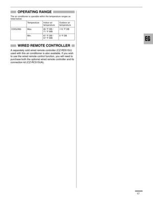 Page 1817
OPERATING RANGE
The air conditioner is operable within the temperature ranges as 
listed below:
WIRED REMOTE CONTROLLER
A separately sold wired remote controller (CZ-RD515U) 
used with this air conditioner is also available. If you wish 
to use the wired remote control function, you will need to 
purchase both the optional wired remote controller and its 
connection kit (CZ-RC515UA).
Temperature Indoor air 
temperature Outdoor air 
temperature
COOLING Max.  95 °F DB / 
71 °F WB 115 °F DB
Min.  67 °F...