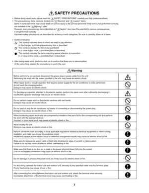 Page 2•  Before doing repair work, please read the "     SAFETY PRECAUTIONS" carefully and fully understand them. 
•  The precautionary items here are divided into "     Warning" and "     Caution" items. 
Items in particular which may cause death or serious injury to the service personnel if the work is not performed correctly, 
are included in the "     Warning" table.
However, even precautionary items identified as "     Caution" also have the potential for serious...