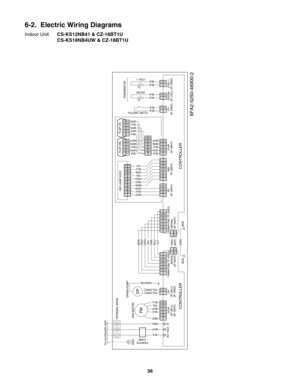 Page 366-2.  Electric Wiring Diagrams
Indoor Unit CS-KS12NB41 & CZ-18BT1U
  CS-KS18NB4UW & CZ-18BT1U
8FA2-5250-46900-2
123456
123456
FMDP
FAN MOTORDRAIN PUMP
DCM
6P (BLU)
6P (WHT)DP
3P (BLU)
3P (RED)PWM/POW 7P (RED) PWM/POW 7P (RED) RC
4P (WHT)IND
7P (WHT)FS
3P (RED) FLAP
5P (WHT)ROOM
2P (YEL)COIL-1
2P (RED) IND LAMP ASSYFLAP (W)
FLOAT SWITCH
BOX BOX SERIAL
2P (WHT)SERIAL
2P (WHT) TERMINAL BASE
CONTROLLER CONTROLLER
TO OUTDOOR UNIT
GNDFERRITE
COREAC1 AC2 SI1
RED
YELBLU
11YEL/(RED)33
112
1122
1122
23344556677...