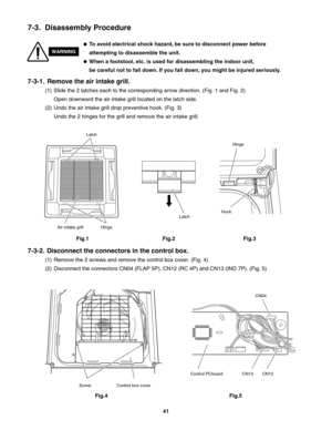 Page 417-3.  Disassembly Procedure
7-3-1.  Remove the air intake grill.
(1)  Slide the 2 latches each to the corresponding arrow direction. (Fig. 1 and Fig. 2)
  Open downward the air intake grill located on the latch side.
(2)  Undo the air intake grill drop preventive hook. (Fig. 3)
  Undo the 2 hinges for the grill and remove the air intake grill.
7-3-2.  Disconnect the connectors in the control box.
(1)  Remove the 2 screws and remove the control box cover. (Fig. 4)
(2)  Disconnect the connectors CN04 (FLAP...