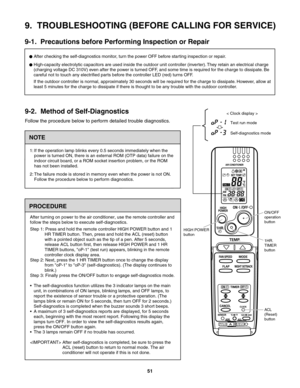 Page 51< Clock display >
Test run mode
Self-diagnostics mode
9.  TROUBLESHOOTING (BEFORE CALLING FOR SERVICE)
9-1.  Precautions before Performing Inspection or Repair
NOTE
After checking the self-diagnostics monitor, turn the power OFF before starting inspection or repair.
High-capacity electrolytic capacitors are used inside the outdoor unit controller (inverter). They retain an electrical charge 
(charging voltage DC 310V) even after the power is turned OFF, and some time is required for the charge to...