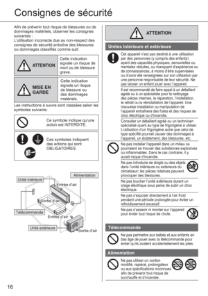 Page 1616
Consignes de sécurité
Aﬁ n de prévenir tout risque de blessures ou de 
dommages matériels, observer les consignes 
suivantes :
L’utilisation incorrecte due au non-respect des 
consignes de sécurité entraîne des blessures 
ou dommages classiﬁ és comme suit:
ATTENTION
Cette indication 
signale un risque de 
mort ou de blessure 
grave.
MISE EN 
GARDE
Cette indication 
signale un risque 
de blessure ou 
des dommages 
matériels.
Les instructions à suivre sont classées selon les 
symboles suivants:
Ce...