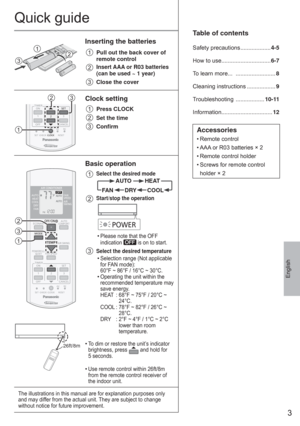 Page 33
English
Quick guide
123
Inserting the batteries
1
  Pull out the back cover of 
remote control
2  Insert AAA or R03 batteries 
(can be used ~ 1 year)
3
  Close the cover
TIMER
SET
CANCEL ON
OFF1
23
SETAC
RC
TIMER
CANCEL
ON
OFF
13
SETCHECKRESETACRC
23
1
Clock setting
1
  Press CLOCK
2
  Set the time
3
  Conﬁ rm
AUTO
COMFORT
MODE
POWERFUL/
QUIET
TEMP
OFF/ON
TIMER
SET
CANCEL ON
OFF1
23
AIR SWING
FAN SPEED
SETAC
RC
ECONAVI
FAN
SPEED
AIR
SWINGAUTO
HEAT
COOL
DRY
FAN
AUTOCOMFORT
POWERFUL/QUIET
TIMERSET...