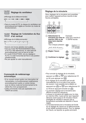 Page 1919
FrançaisUtilisation
Commande de redémarrage 
automatique
• Si le courant revient après une interruption de 
l’alimentation, le fonctionnement redémarrera 
automatiquement après un certain temps, 
avec le même mode de fonctionnement et le 
même ﬂ ux d’air qu’auparavant. 
• Cette commande n’est pas applicable si le 
TIMER est activé.
FAN SPEEDRéglage du ventilateur
(Afﬁ chage de la télécommande)
• Dans le mode AUTO, la vitesse du ventilateur est 
automatiquement réglée en fonction du mode de...