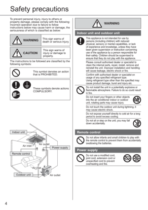 Page 44
Safety precautions
To prevent personal injury, injury to others or 
property damage, please comply with the following: 
Incorrect operation due to failure to follow 
instructions below may cause harm or damage, the 
seriousness of which is classiﬁ ed as below:
WARNINGThis sign warns of 
death or serious injury.
CAUTIONThis sign warns of 
injury or damage to 
property.
The instructions to be followed are classiﬁ ed by the 
following symbols:
This symbol denotes an action 
that is PROHIBITED.
These...