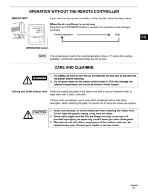 Page 2221
OPERATION WITHOUT THE REMOTE CONTROLLER
CARE AND CLEANING
INDOOR UNITIf you have lost the remote controller or it has trouble, follow the steps below.
When the air conditioner is not running 
Each time the OPERATION button is pressed, the operation mode changes 
cyclically. 
The temperature is set to the room temperature minus 4 °F during the cooling 
operation, and the fan speed and flap are set to Auto.
1. For safety, be sure to turn the air conditioner off and also to disconnect 
the power before...