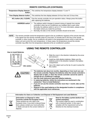 Page 1110
REMOTE CONTROLLER (CONTINUED)
USING THE REMOTE CONTROLLER
Temperature Display Selector
buttonThis switches the temperature display between °C and °F.
Time Display Selector buttonThis switches the time display between 24-hour time and 12-hour time.
ACL button (ALL CLEAR)Puts the remote controller into pre-operation status. Always press this button 
after replacing the batteries.
ADDRESS switch• The address switch changes to prevent mixing of signals from remote 
controller’s when two air conditioners...