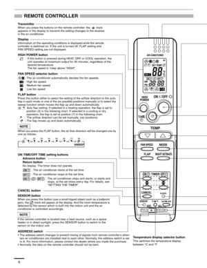 Page 76
REMOTE CONTROLLER
Transmitter
When you press the buttons on the remote controller, the  mark 
appears in the display to transmit the setting changes to the receiver 
in the air conditioner.
Display
Information on the operating conditions is displayed while the remote 
controller is switched on. If the unit is turned off, FLAP setting and 
FAN SPEED setting are not displayed.
FAN SPEED selector button
: The air conditioner automatically decides the fan speeds.
: High fan speed
: Medium fan speed
: Low...