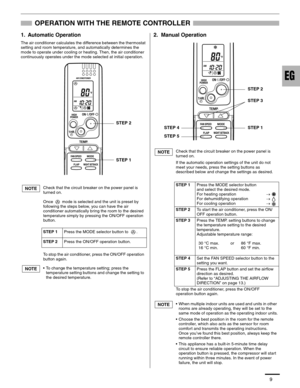 Page 109
OPERATION WITH THE REMOTE CONTROLLER
1. Automatic Operation
The air conditioner calculates the difference between the thermostat 
setting and room temperature, and automatically determines the 
mode to operate under cooling or heating. Then, the air conditioner 
continuously operates under the mode selected at initial operation.
2.  Manual Operation
Check that the circuit breaker on the power panel is 
turned on.
Once   mode is selected and the unit is preset by 
following the steps below, you can have...