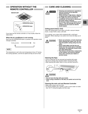 Page 1413
OPERATION WITHOUT THE 
REMOTE CONTROLLER
If you have lost the remote controller or it has trouble, follow the 
steps below.
When the air conditioner is not running
Each time the OPERATION button is pressed, the operation mode 
changes cyclically.
The temperature is set to the room temperature minus 4°F during 
the cooling operation, and the fan speed and flap are set to Auto.
CARE AND CLEANING
Ceiling panel (Indoor Unit)
Clean the ceiling panel of the indoor unit with a vacuum cleaner 
brush, or wipe...