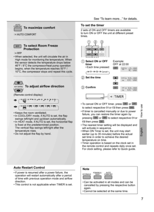 Page 77
English
See “To learn more...” for details.
AUTO
COMFORT
To maximize comfort
AUTO COMFORT
RFPTo select Room Freeze 
Protection
RFP
• When selected, the unit will circulate the air in 
High mode for monitoring the temperature. When 
the sensor detects the temperature drops below 
46°F / 8°C the compressor/heat pump operation 
begins, when the temperature reaches 50°F / 
10°C, the compressor stops and repeat this cycle.
AIR SWINGTo adjust airﬂ ow direction
(Remote control display)
• Keeps the room...