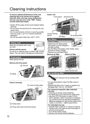 Page 1010
Cleaning instructions
To ensure optimal performance of the unit,
cleaning has to be carried out at regular
intervals. Dirty unit may cause malfunction
and you may see error code “H99”. Please
consult authorised dealer.
• Switch off the power at the circuit breaker before 
cleaning.
• Do not touch the aluminium ﬁ n, sharp parts may 
cause injury.
• Do not use benzene, thinner or scouring powder.
• Use only soap (
 pH 7) or neutral household 
detergent.
• Do not use water hotter than 104°F / 40°C....
