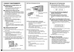 Page 2019

Inspección de Pretemporada
¿El aire que sale es frÍo o caliente?
El funcionamiento es normal si 15 minutos después de
ponerlo en marcha, la diferencia entre las temperaturas
de entrada de aire y de la persiana de aireación es de:-
Se encuentran obstruidas las ventanillas de
entrada y salida de aire de las unidades de
interiores y de exteriores?
Están bajas las pilas del control remoto?
Si la marca de la batería en el control remoto
parpadea o la visualización es débil, sustituya las
pilas....