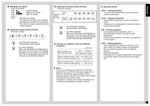 Page 7ENGLISH6
Setting the Fan Speed
•Press 4 to select:-
FAN–Low Fan Speed
FAN–Medium Fan Speed
FAN–High Fan Speed
AUTO
FAN–Automatic Fan Speed
The speed of the indoor fan is adjusted
automatically according to the operation.
The indoor fan stops occasionally during
cooling operation.
Setting the Vertical Airflow Direction
•Press 5 to select:-
Setting the Horizontal Airflow Direction
•Press 6 to select:-
Notes
•If the unit is not going to be used for an extended
period of time, turn off the main power...