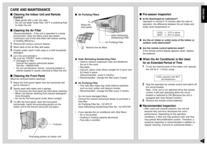 Page 9ENGLISH8
Pre-season InspectionIs the discharged air cold/warm?
Operation is normal if 15 minutes after the start of
operation, the difference between the air intake and
outlet vents temperature is:-
Are the air intake or outlet vents of the indoor or
outdoor units obstructed?
Are the remote control batteries weak?
If the remote control display appears weak, replace
the batteries.When the Air Conditioner is Not Used
for an Extended Period of Time
1
To dry the internal parts of the indoor unit,...