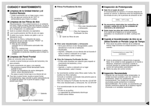 Page 1918ESPAÑOL

Inspección de Pretemporada
Sale frío el soplo de aire?
El funcionamiento es normal si 15 minutos después de
ponerlo en marcha, la diferencia entre las temperaturas
de entrada de aire y de la persiana de aireación es de:-
Se encuentran obstruidas las ventanillas de
entrada y salida de aire de las unidades de
interiores y de exteriores?
Están bajas las pilas del control remoto?
Si la marca de la batería en el control remoto
parpadea o la visualización es débil, sustituya las
pilas.
Cuando...