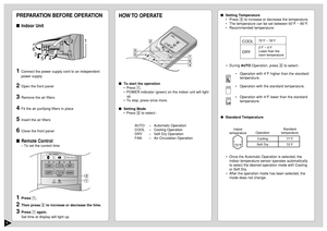 Page 65
PREPARATION BEFORE OPERATIONIndoor Unit1
Connect the power supply cord to an independent
power supply
2
Open the front panel
3
Remove the air filters
4
Fit the air purifying filters in place
5
Insert the air filters
6
Close the front panel
Remote Control
–To set the current time
1
Press 1.
2
Then press 2 to increase or decrease the time.
3
Press 1 again.
Set time at display will light up.
CHECK
AUTO
AUTO HEAT DRY FANCOOL
FA NAUTO
RESET
CLOCK
FAN SPEED
AIR SWINGOFF
CANCEL
ON
SET
12
3
TIMER
1 2
621
4 5...