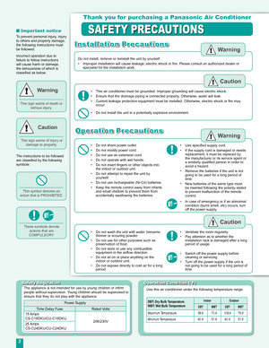 Page 2
2

Safety Regulation
Use this air conditioner under the following temperature range.
DBT: Dry Bulb Temperature
WBT: Wet Bulb TemperatureIndoorOutdoor
DBTWBTDBTWBT
Maximum Temperature89.673.4109.478.8
Minimum Temperature
60.851.860.851.8
Operation Condition (°F)
The appliance is not intended for use by young children or inﬁrm 
people without supervision. Young children should be supervised to 
ensure that they do not play with the appliance.
Power Supply
Time Delay Fuse  Rated Volts 
15 Amps...