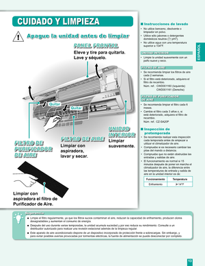 Page 13
13
ESPA
ÑOL

•  Se recomienda limpiar el ﬁltro cada 6 meses.
•  Cambie el ﬁltro cada 3 años o, si  está deteriorado, adquiera el ﬁltro de 
recambio.
  Núm. ref.: CZ-SA20P
•  No utilice benceno, disolvente o limpiador en polvo.
•  Utilice sólo jabones o detergentes 
domésticos neutros ( pH7).
•  No utilice agua con una temperatura  superior a 104°F.
•  Limpie la unidad suavemente con un 
paño suave y seco.
•  Se recomienda realizar esta inspección 
cada temporada antes de empezar a utilizar el...