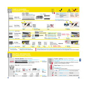 Page 6ECONOMY POWERFUL PO
*
HELPFUL INFORMATION
INFORMACIONES ÚTILES
CARE & CLEANING
CUIDADOS Y LIMPIEZA
Indoor Unit
Equipo Interior
Filters • Filtros
every 2 weeks • cada 2 semanas
DIRTY FILTERS cause: unpurified air, reduced cooling capacity, foul odours, higher energy consumption!
¡FILTROS SUCIOS provocan: aire no purificado, refrescando capacidad, más olores desagradables, mayor consumo energético!
!
Soaps
JabonesNeutral household
detergents
Neutral Detergentes
domésticos
**
Clean by vacuum
Aspiración...