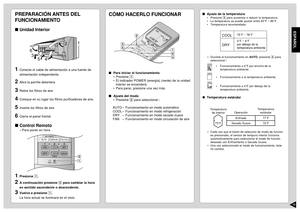 Page 1716ESPAÑOL
PREPARACIÓN ANTES DEL
FUNCIONAMIENTOUnidad Interior1
Conecte el cable de alimentación a una fuente de
alimentación independente.
2
Abra la parrilla delantera
3
Retire los filtros de aire
4
Coloque en su lugar los flitros purificadores de aire.
5
Inserte los filtros de aire
6
Cierre el panel frontal
Control Remoto
–Para poner en hora
1
Presione 1.
2
A continuación presione 2 para cambiar la hora
en sentido ascendente o descendente.
3
Vuelva a presione 1.
La hora actual se iluminará en el...